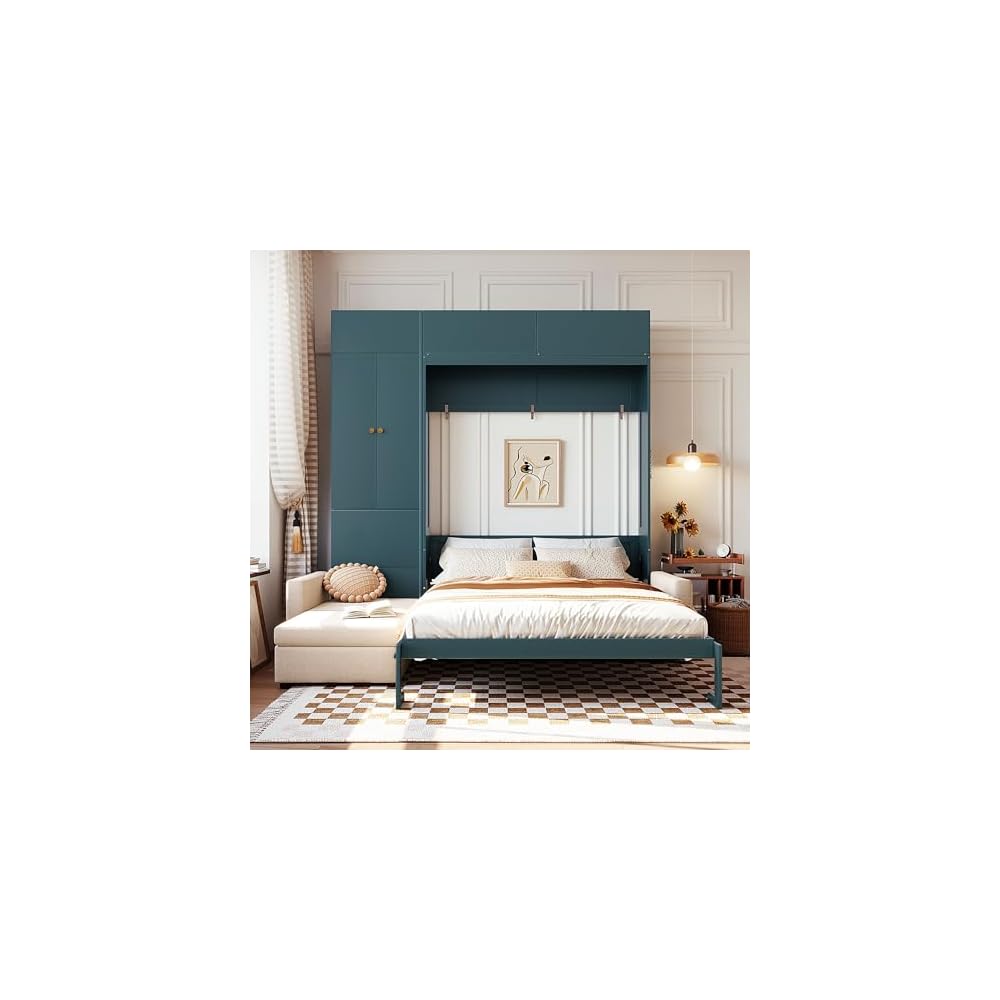 Queen Murphy Bed with Couch and Storage Bookcase, Wood Foldable Murphy Wall Bed with Storage Shelves and Sofa for Adults (H Green,Queen)
