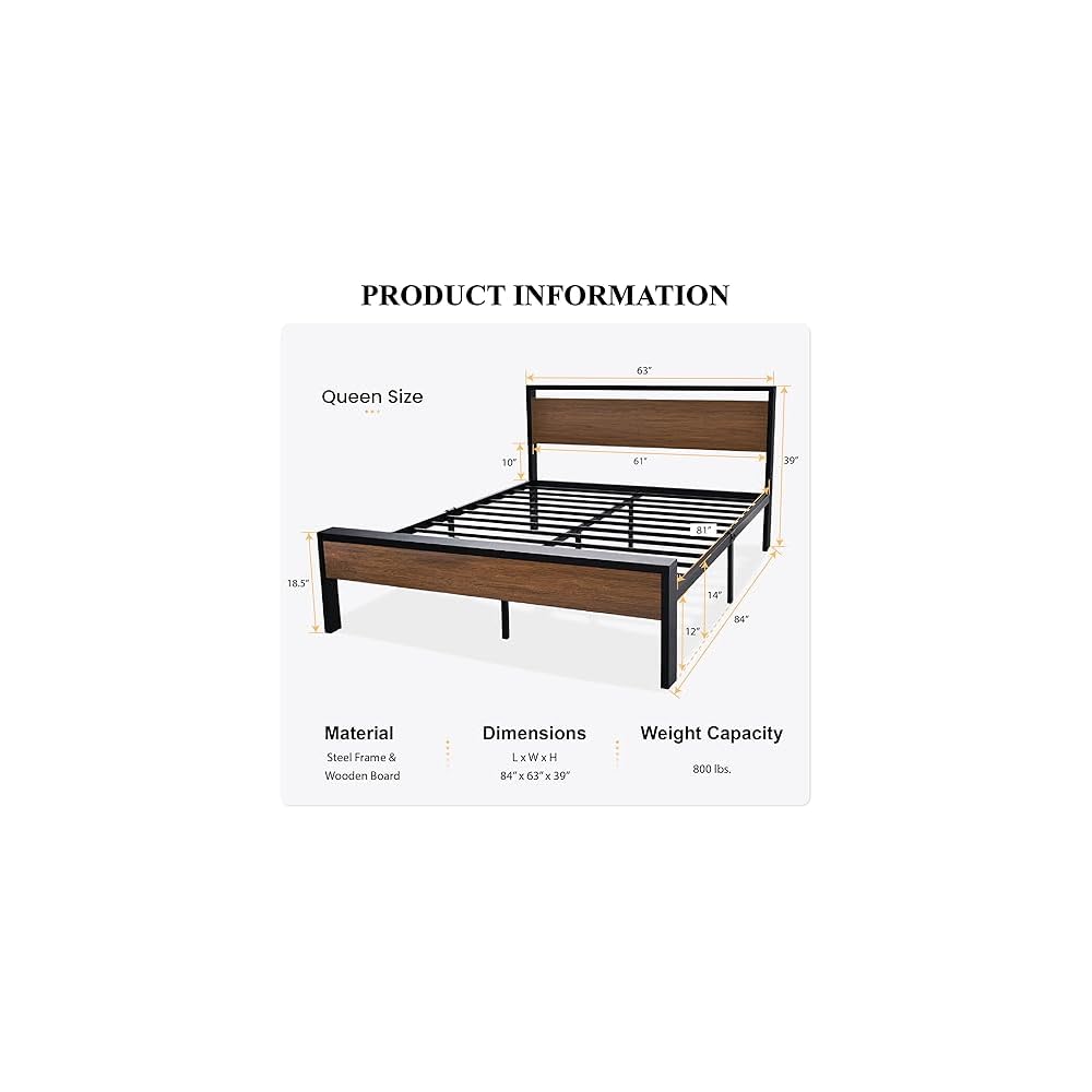14 Inch Queen Size Metal Platform Bed Frame with Wooden Headboard and Footboard, Mattress Foundation, No Box Spring Needed, Large Under Bed Storage, Non-Slip Without Noise, Walnut