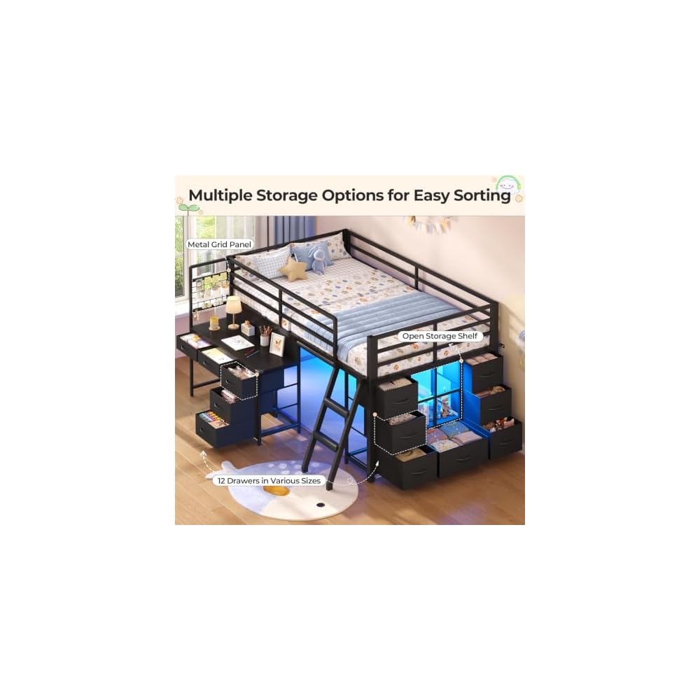 Low Loft Bed Twin Size with Desk, 12 Storage Drawers, Window, Black