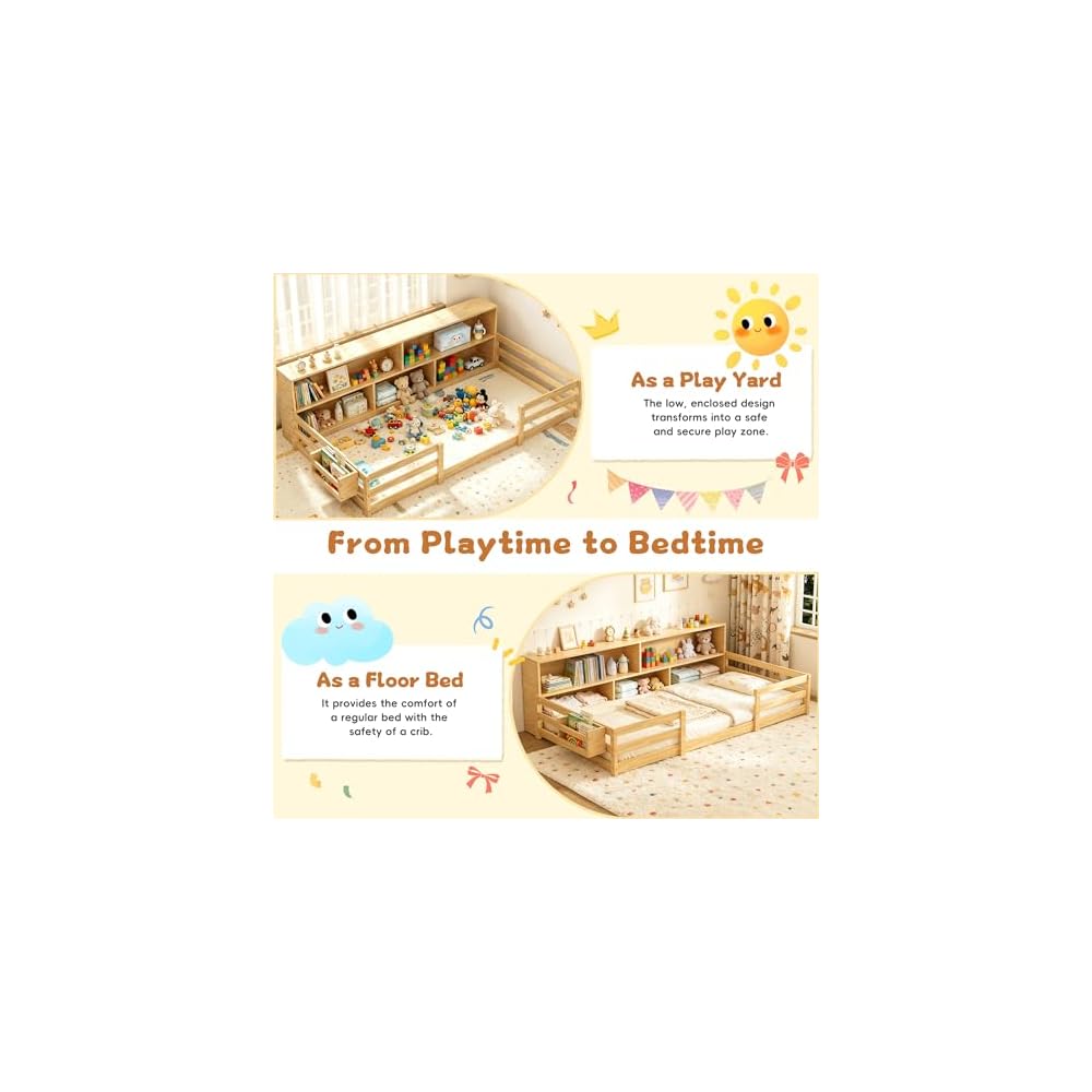 Twin Floor Bed for Kids, Wooden Montessori Bed Frame with Bookcase, Bedside Storage Shelves & Guardrails, Versatile 2-in-1 Floor Bed for Boys Girls, Natural