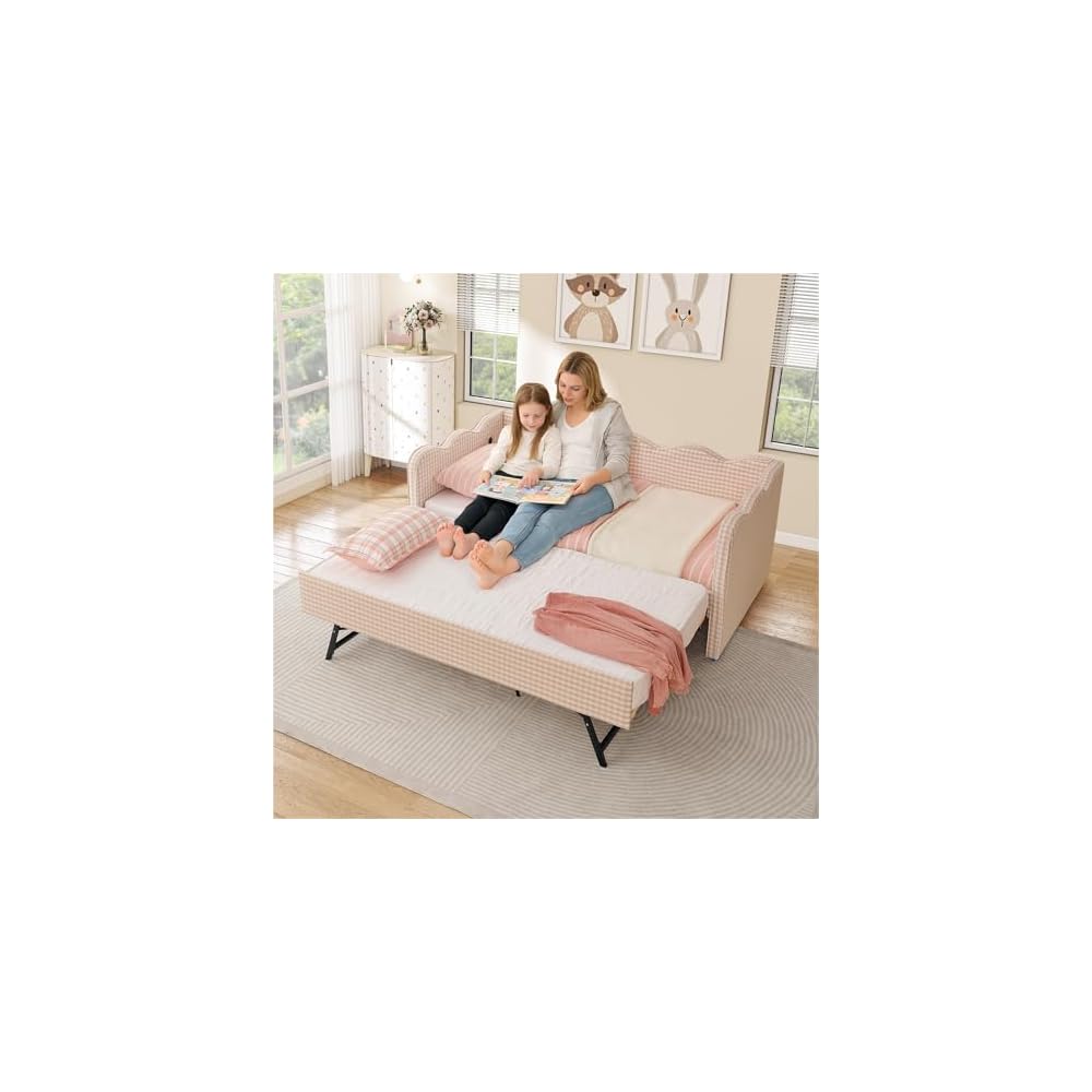 Twin Size Daybed with Pop Up Trundle, Linen Gingham Twin to King Daybed with USB Ports, Upholstered Day Bed Frame, Modern Sofa Bed for Living Room/Bedroom/Guest Room, No Box Spring Needed, Pink