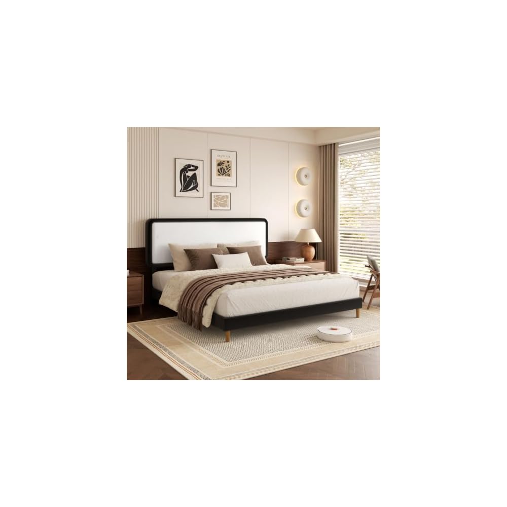 Full Size Bed Frame with Headboard, Color-Blocking Leather Platform Bed, Adjustable Upholstered Headboard, No Box Spring Required, Low Noise, Easy to Assemble, White