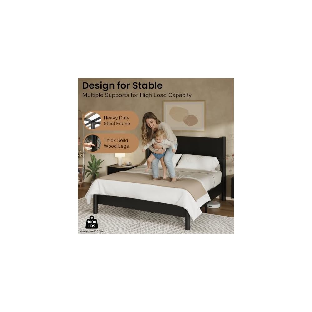 King Size Platform Bed Frame with Wood Headboard, Black