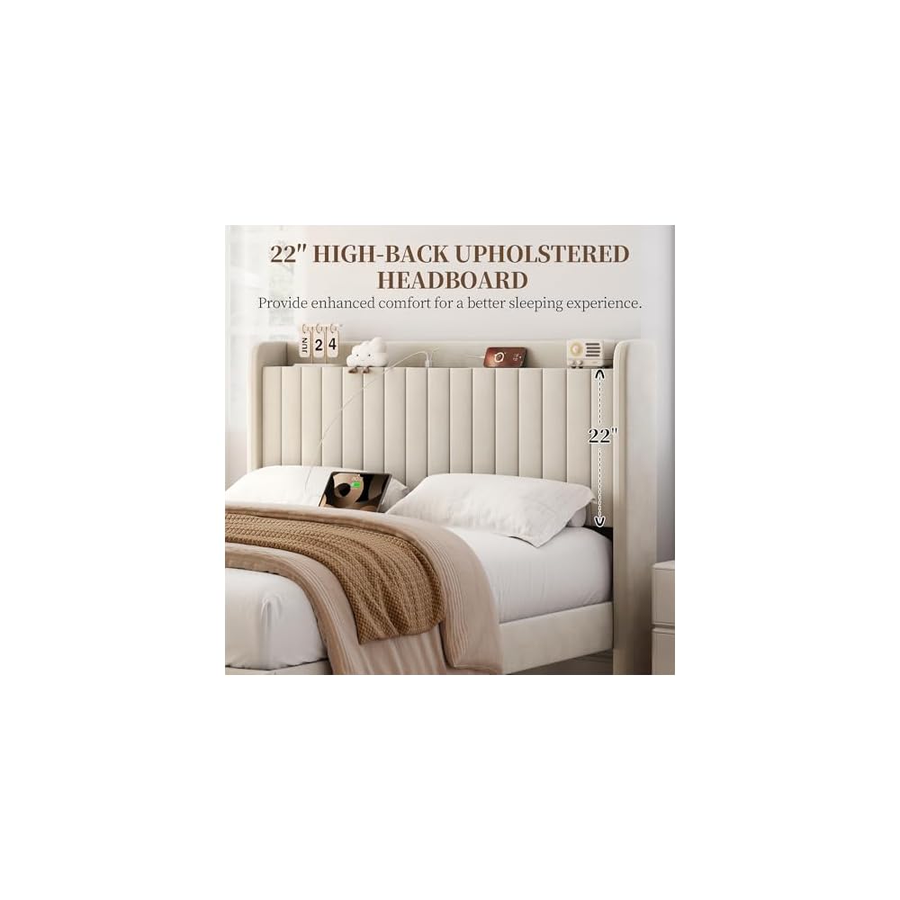 Queen Bed Frame with Channel-Tufted Storage Headboard, Cool Beige