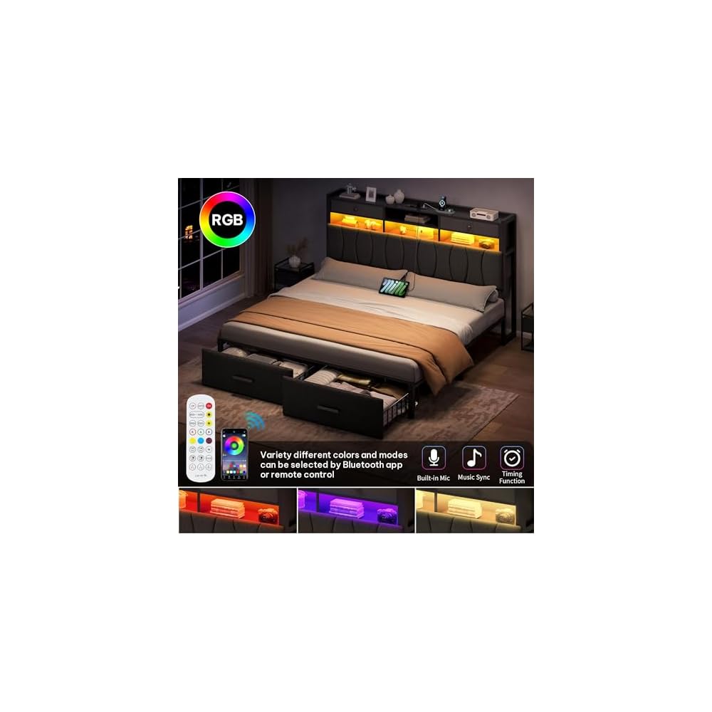King Size Linen Upholstered Bed with Charging Station & LED Light