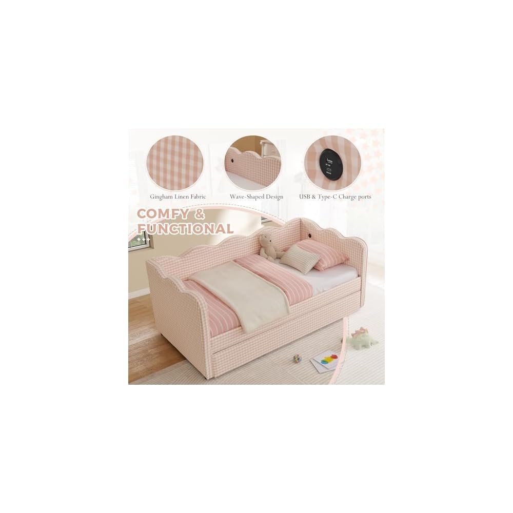 Twin Size Daybed with Pop Up Trundle, Linen Gingham Twin to King Daybed with USB Ports, Upholstered Day Bed Frame, Modern Sofa Bed for Living Room/Bedroom/Guest Room, No Box Spring Needed, Pink