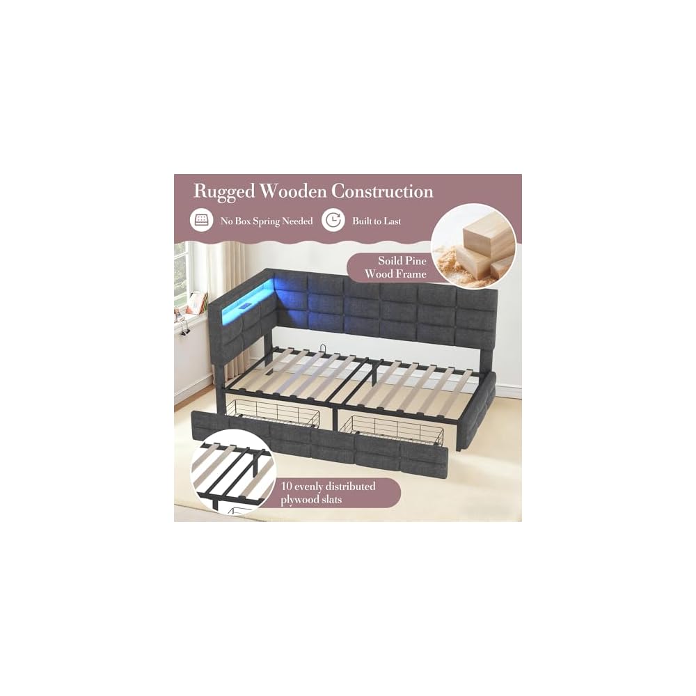 Twin Corner Bed Frame with Storage and Led Lights, Upholstered Daybed Twin Size with Storage Drawers and Charging Station for Living Room,Bedroom (Gray)