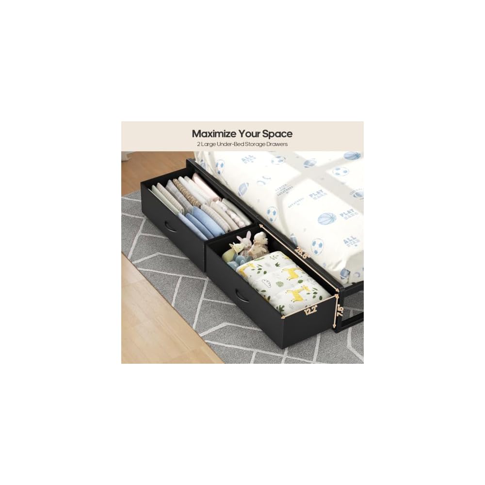 Twin Over Full Bunk Bed with Storage Stairs, 8 Drawers, Black
