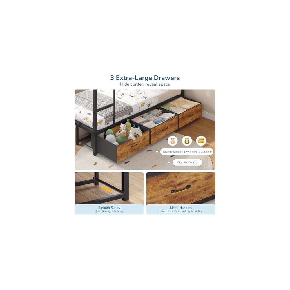 Triple Bunk Bed with 9 Storage Drawers and LED Lights, Twin Over Twin 3 Bed Bunk Beds for Kids with Shelves and Pegboard, Heavy-Duty Metal Bunk Bed with Full-Length Guardrail and Dual Ladders, Black