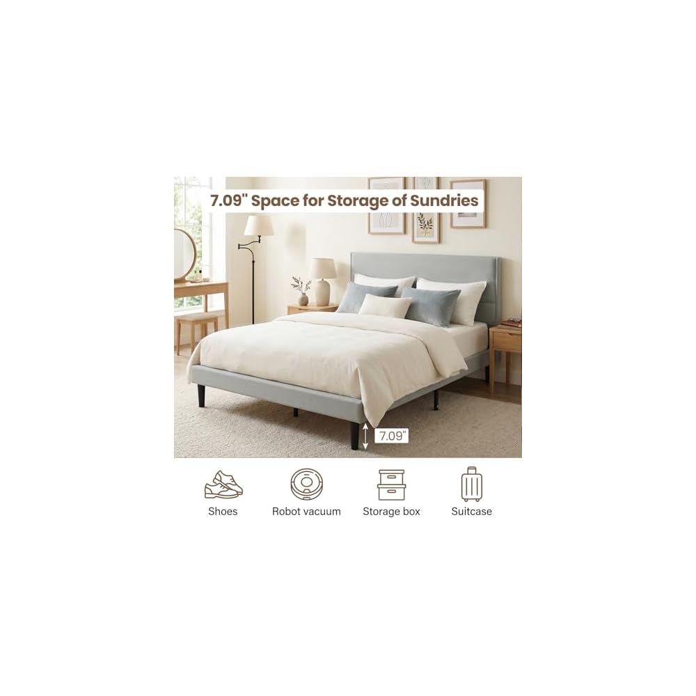Queen Size Bed Frame with Linen Upholstered Headboard, Noise-Free Metal & Wood Structure, No Box Spring Needed, Easy Assembly, Grey (Queen (U.S. Standard))