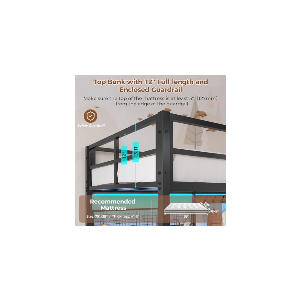 Twin Loft Bed with L-Shaped Desk,Storage Shelves and Charging Station Metal Loft Bed Twin Size with LED Lights,Coat Rack with Drawers and Stair,Top Bunk with Safety Guardrail for Teen,Black