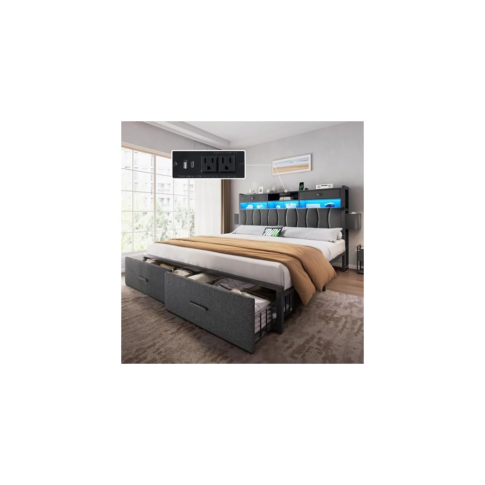 King Size Linen Upholstered Bed with Charging Station & LED Light