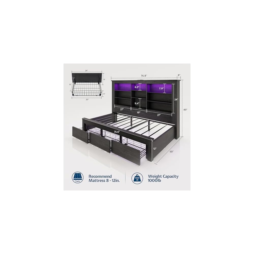 Twin Bed Frame Bookcase Headboard USB/LED Lights&3 Drawers, Black