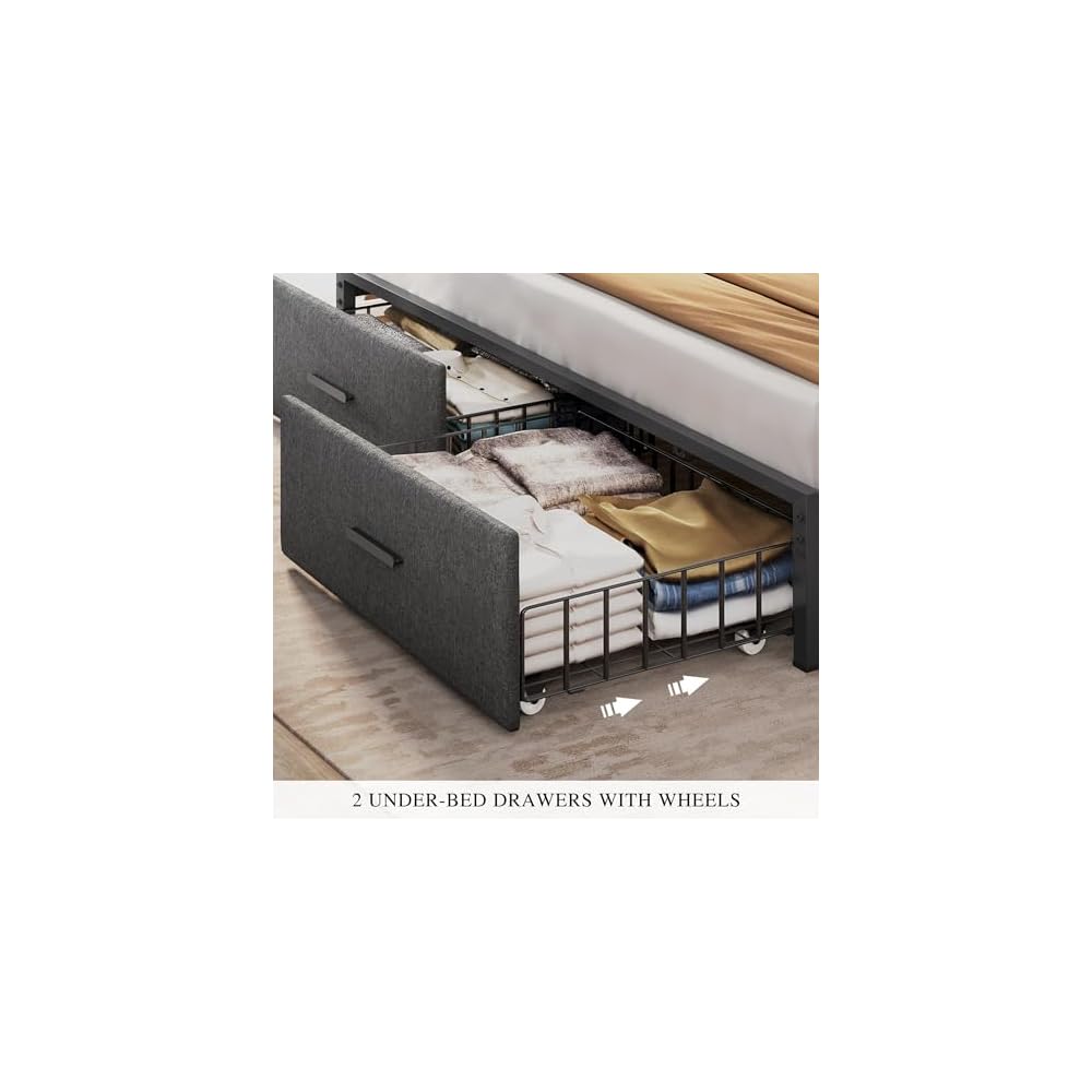King Size Linen Upholstered Bed with Charging Station & LED Light