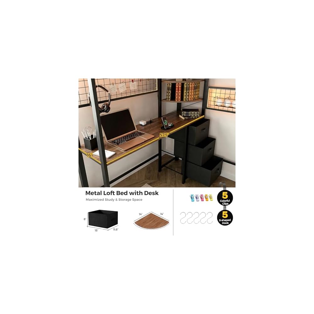 Loft Bed with Desk and Stairs, Headboard, Outlet (Black, Full)