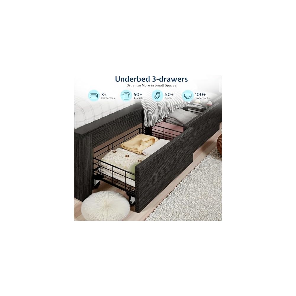 Twin Bed Frame Bookcase Headboard USB/LED Lights&3 Drawers, Black