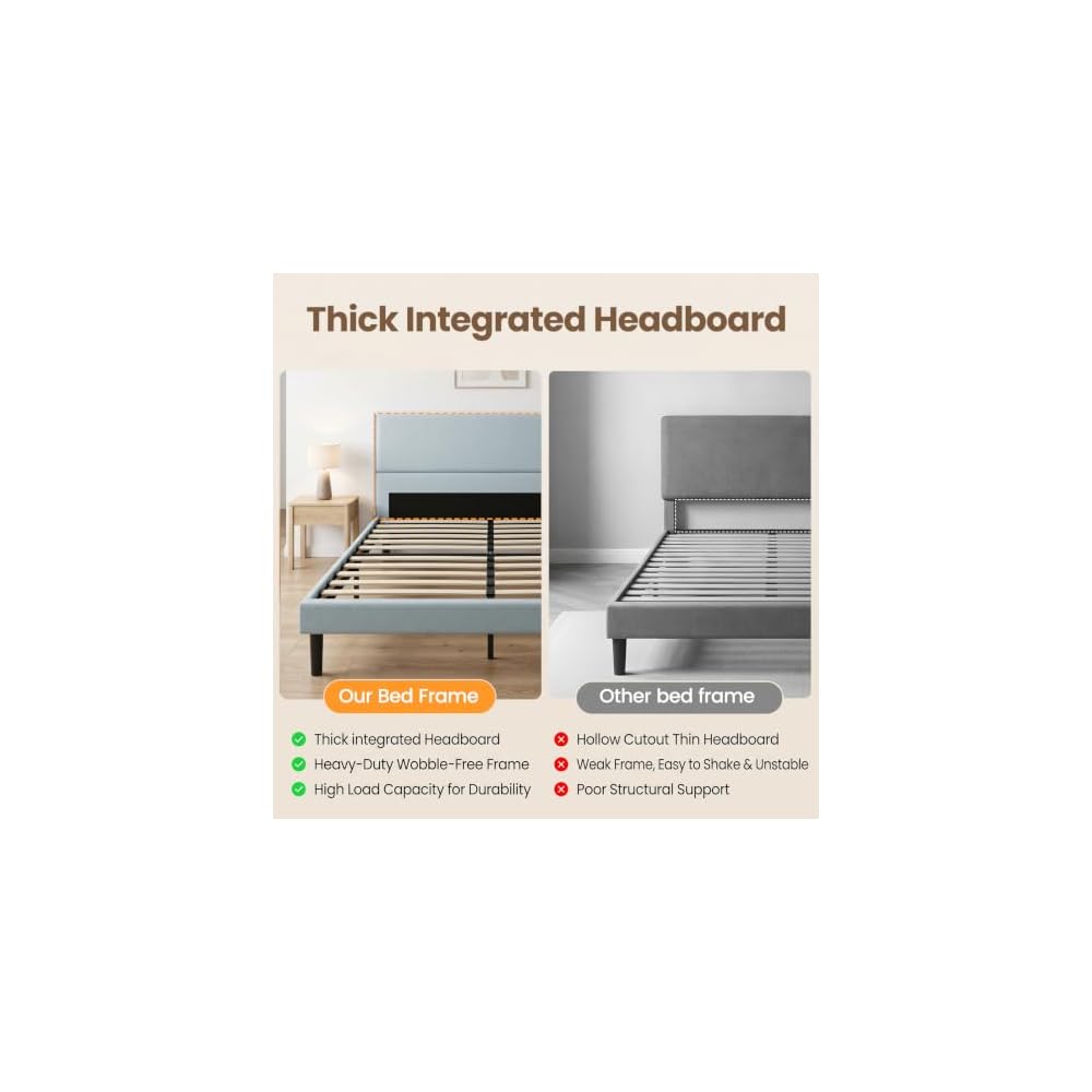 Queen Size Bed Frame with Linen Upholstered Headboard, Noise-Free Metal & Wood Structure, No Box Spring Needed, Easy Assembly, Grey (Queen (U.S. Standard))