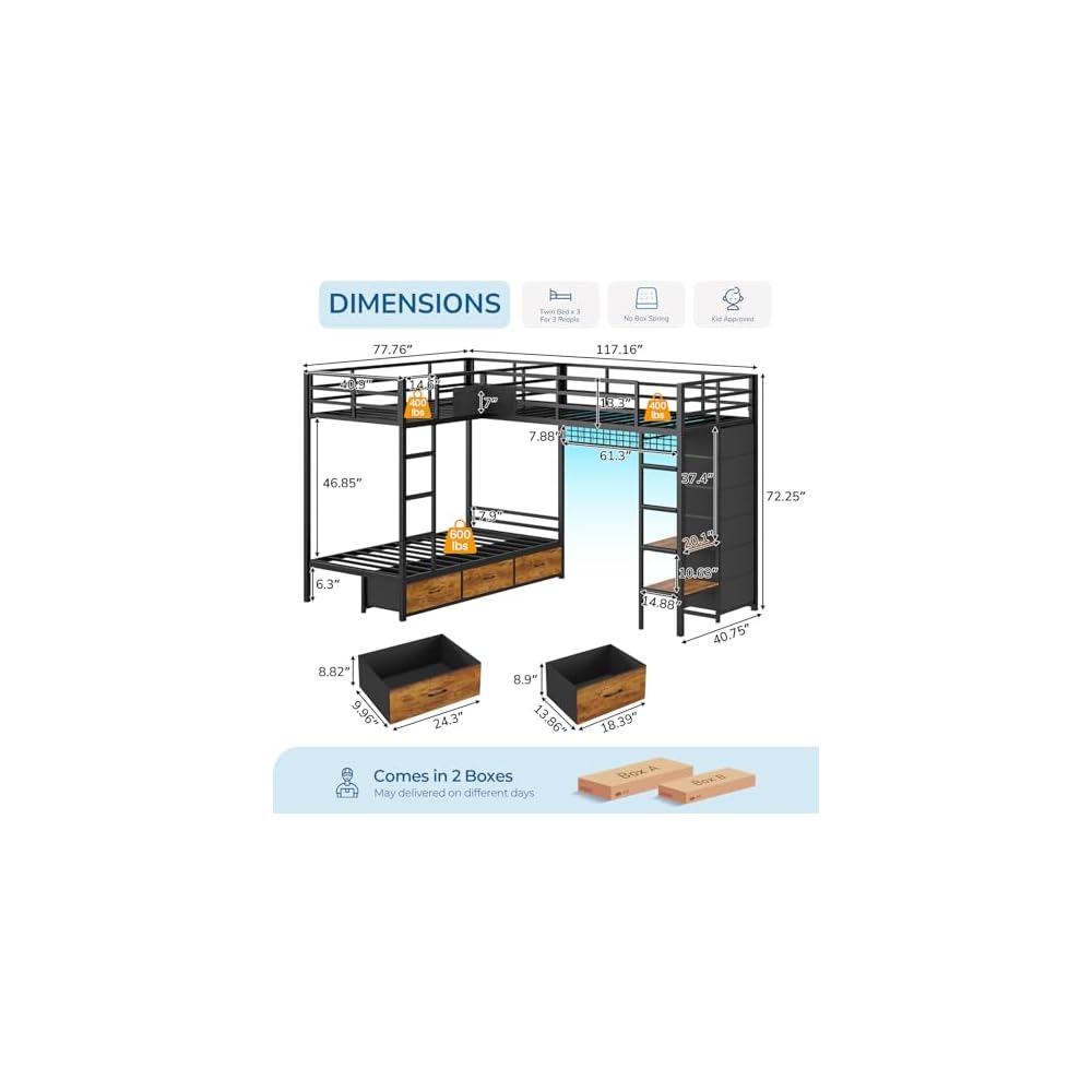 Triple Bunk Bed with 9 Storage Drawers and LED Lights, Twin Over Twin 3 Bed Bunk Beds for Kids with Shelves and Pegboard, Heavy-Duty Metal Bunk Bed with Full-Length Guardrail and Dual Ladders, Black
