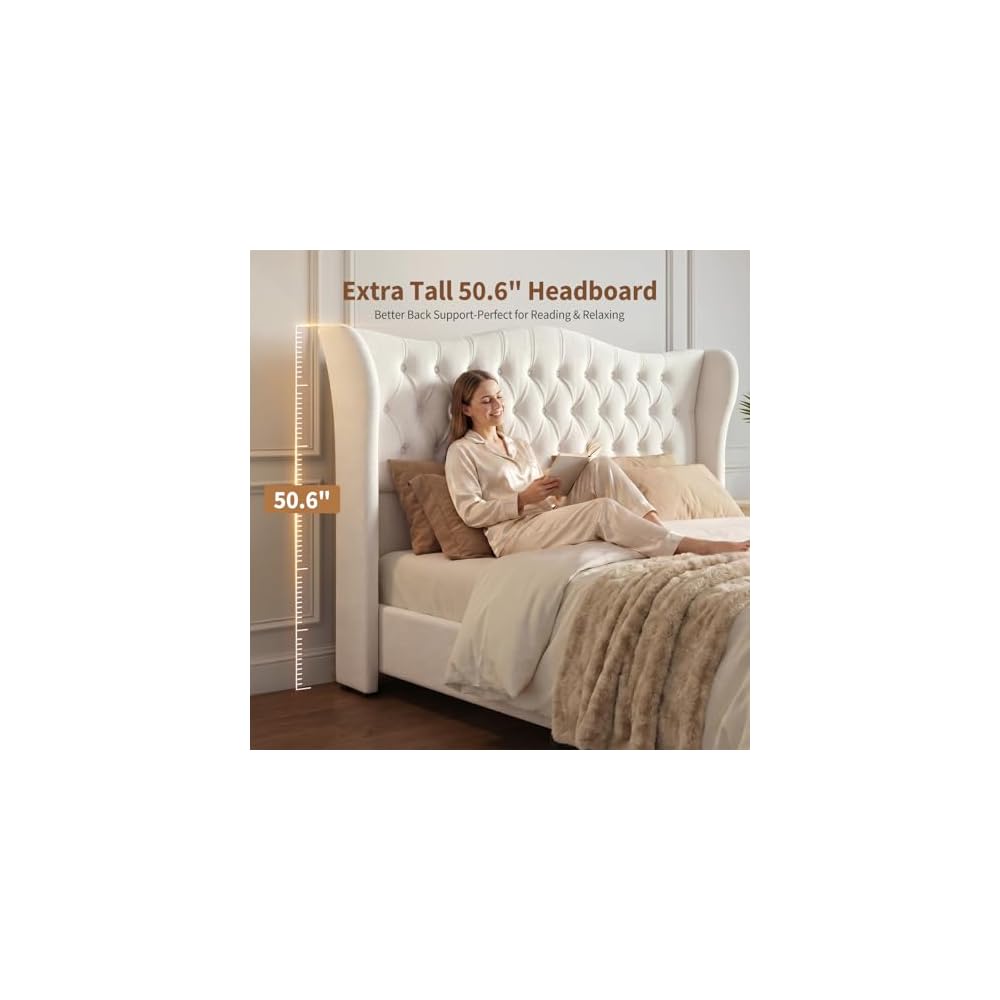Queen Size Upholstered Sleigh Bed Frame with Wingback Headboard