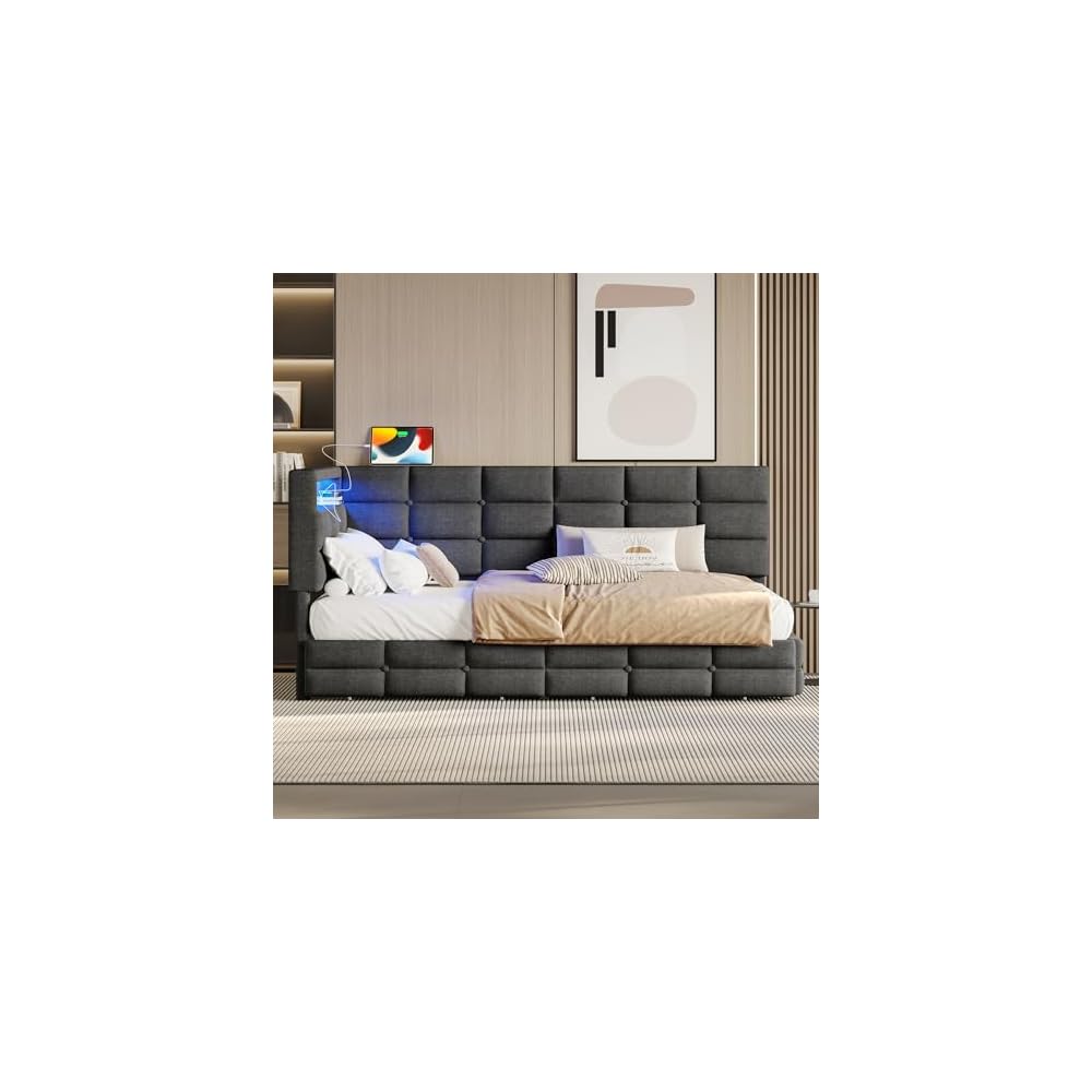 Twin Corner Bed Frame with Storage and Led Lights, Upholstered Daybed Twin Size with Storage Drawers and Charging Station for Living Room,Bedroom (Gray)