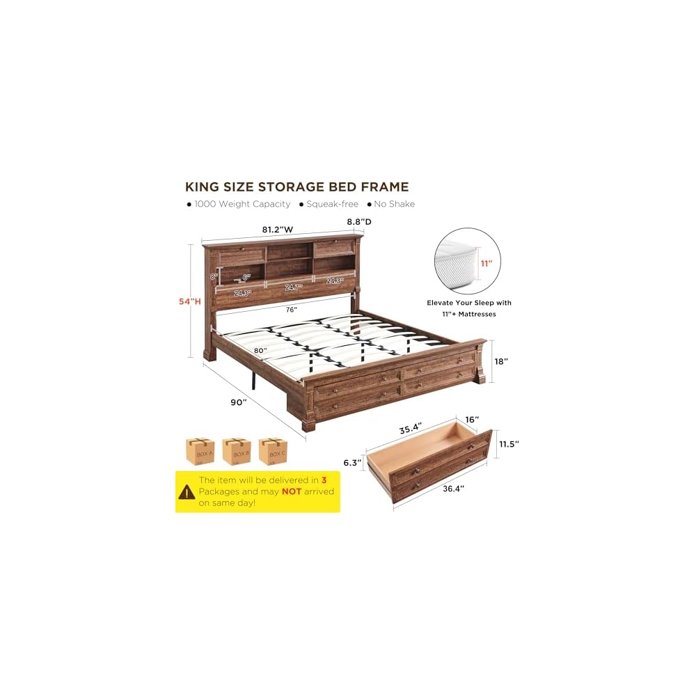 Farmhouse King Size Bed Frame with 54" Tall Headboard, Charging Station