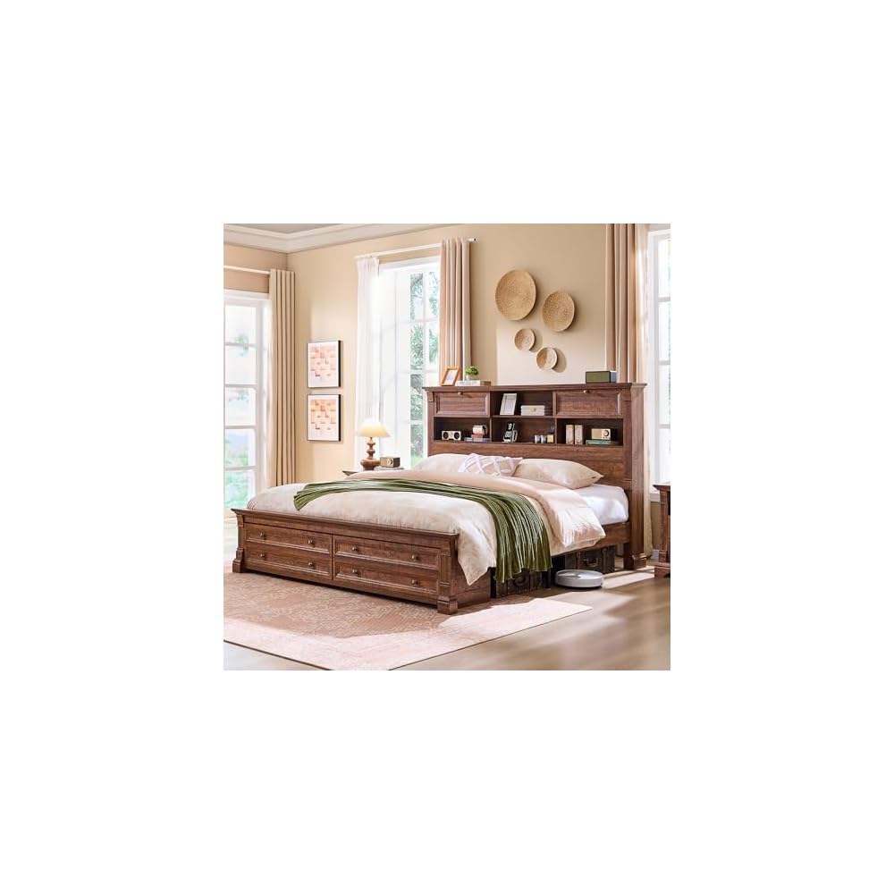 Farmhouse King Size Bed Frame with 54" Tall Headboard, Charging Station