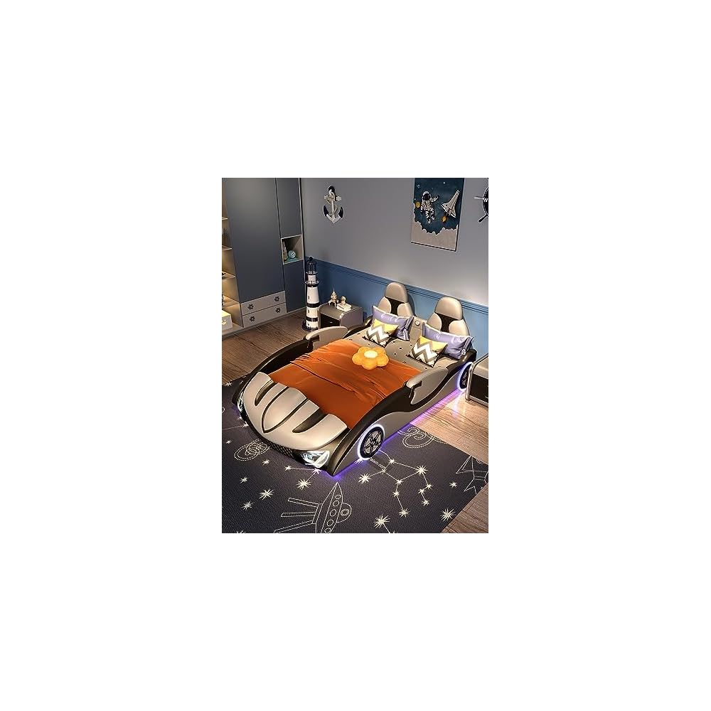 Bed, Sports car Design, Artificial Leather Material, Soft Bed Frame, with Storage Box, can be Separately Equipped with Queen Standard Mattress (red)