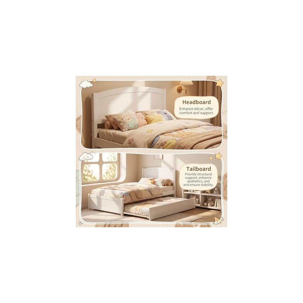 Twin Bed with Trundle, Solid Wood Twin Size Bed Frame, Pull Out Trundle Bed with Headboard and Footboard, Extendable Wooden Slats Platform Bed for Kids Teens Adults, White