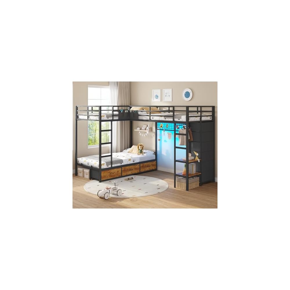 Triple Bunk Bed with 9 Storage Drawers and LED Lights, Twin Over Twin 3 Bed Bunk Beds for Kids with Shelves and Pegboard, Heavy-Duty Metal Bunk Bed with Full-Length Guardrail and Dual Ladders, Black
