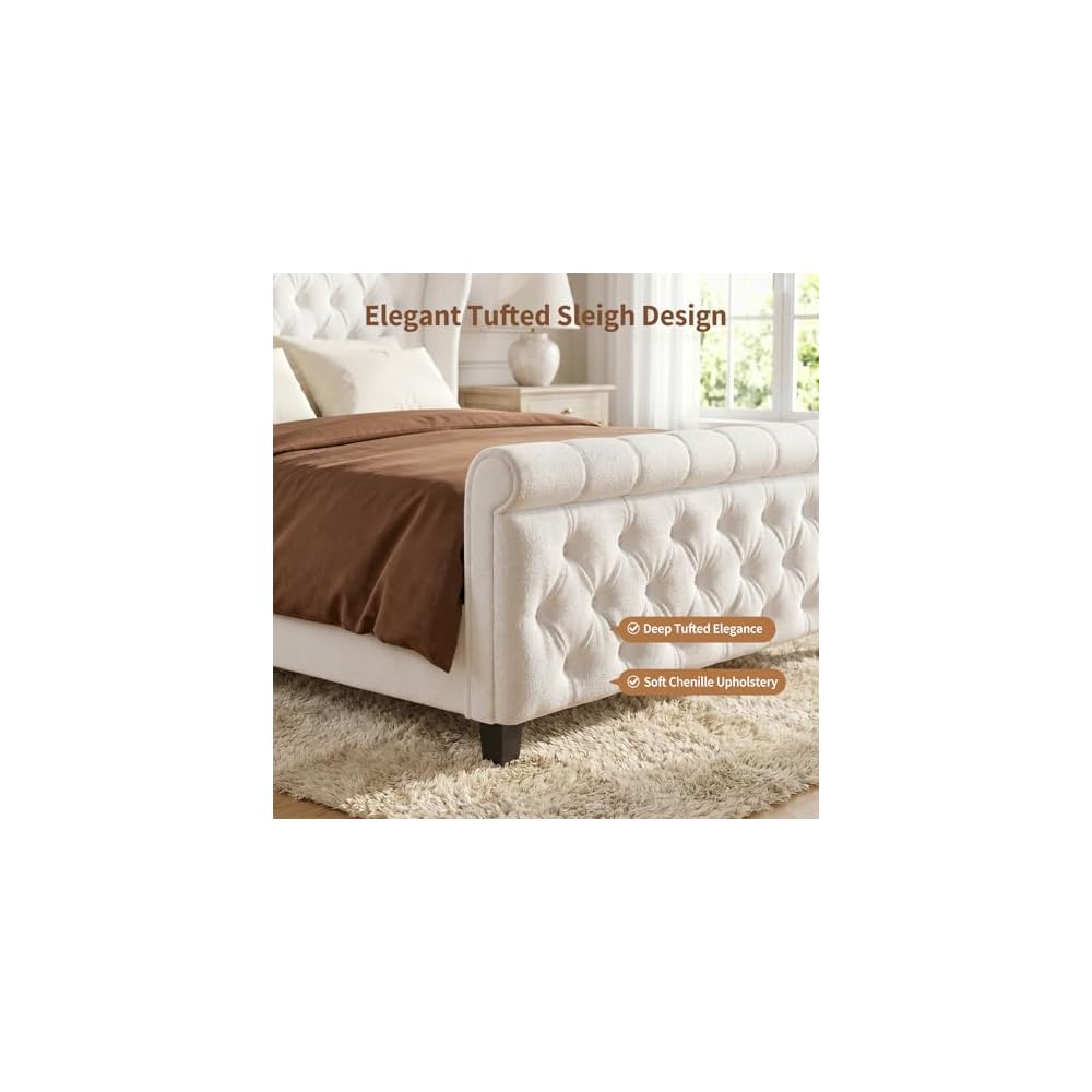 Queen Size Upholstered Sleigh Bed Frame with Wingback Headboard