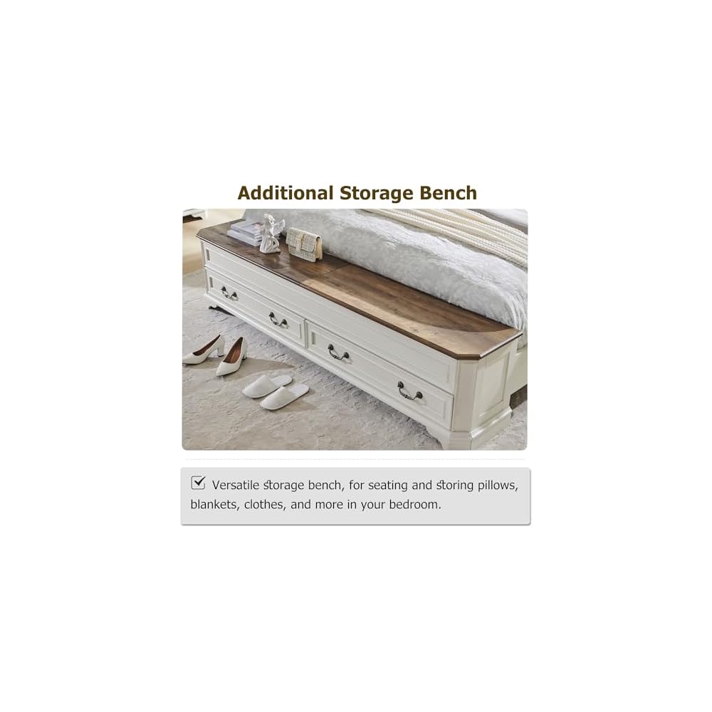 Farmhouse King Bed with Headboard and Storage Bench, Antique White
