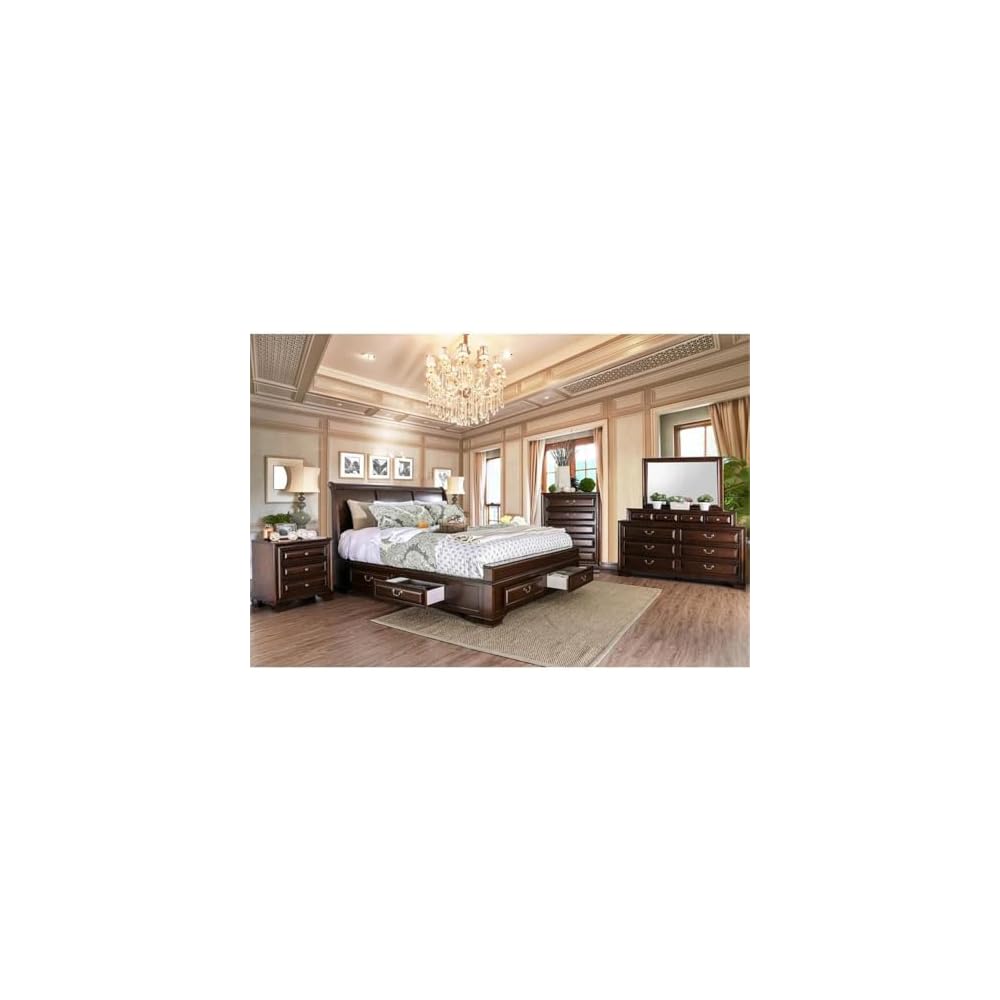 Transitional Wood Queen Storage Platform Bed, Brown Cherry Finish, 91.75" L x 64.75" W x 54" H, 6 Drawers, Arched Panel Headboard, Solid Wood Frame, Durable MDF Slats, Bedroom Furniture