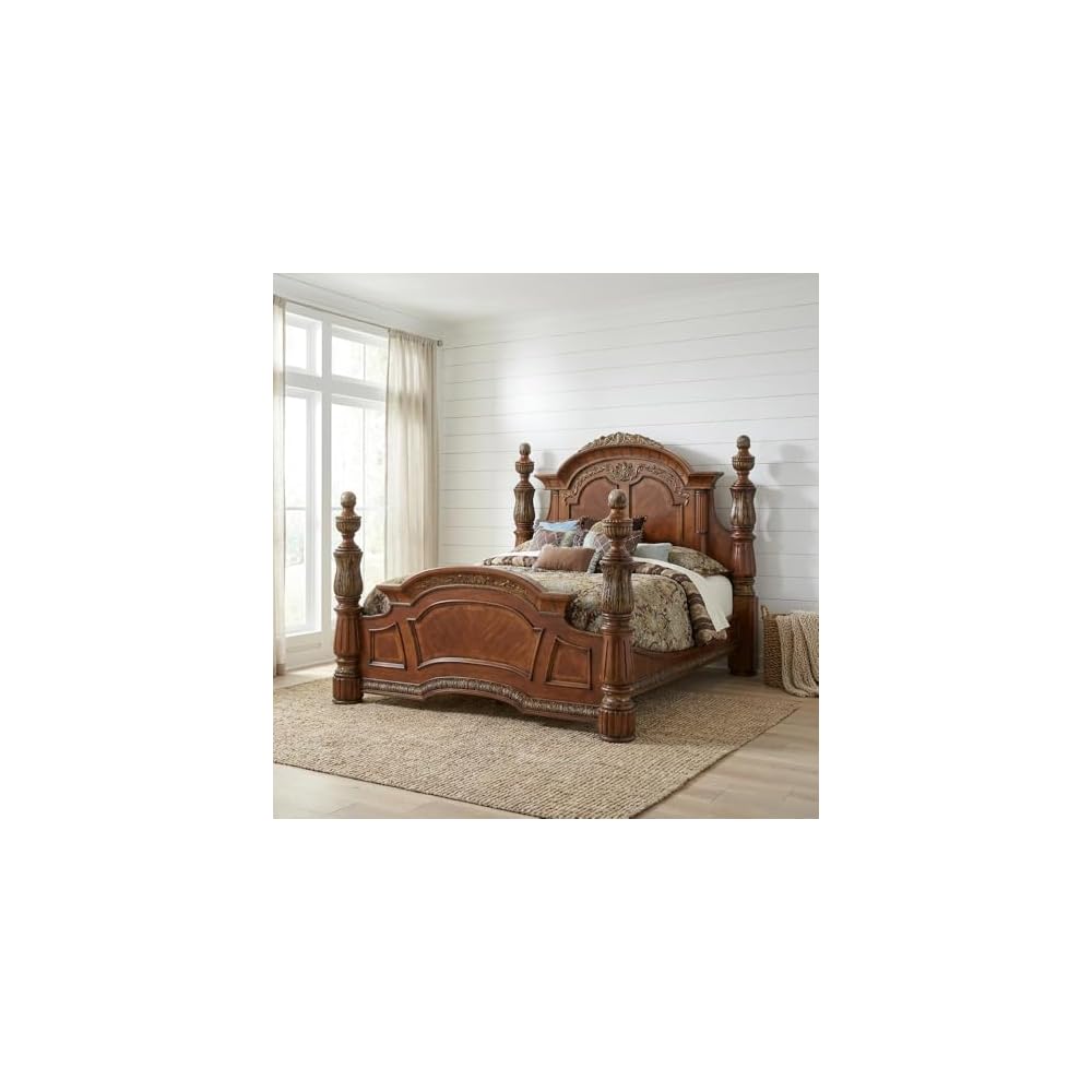 Villa Valencia Brown Eastern King Poster Bed Solid Wood Frame Marble Accents Classic Chestnut Finish Sturdy American Poplar Construction Elegant Canopy Design