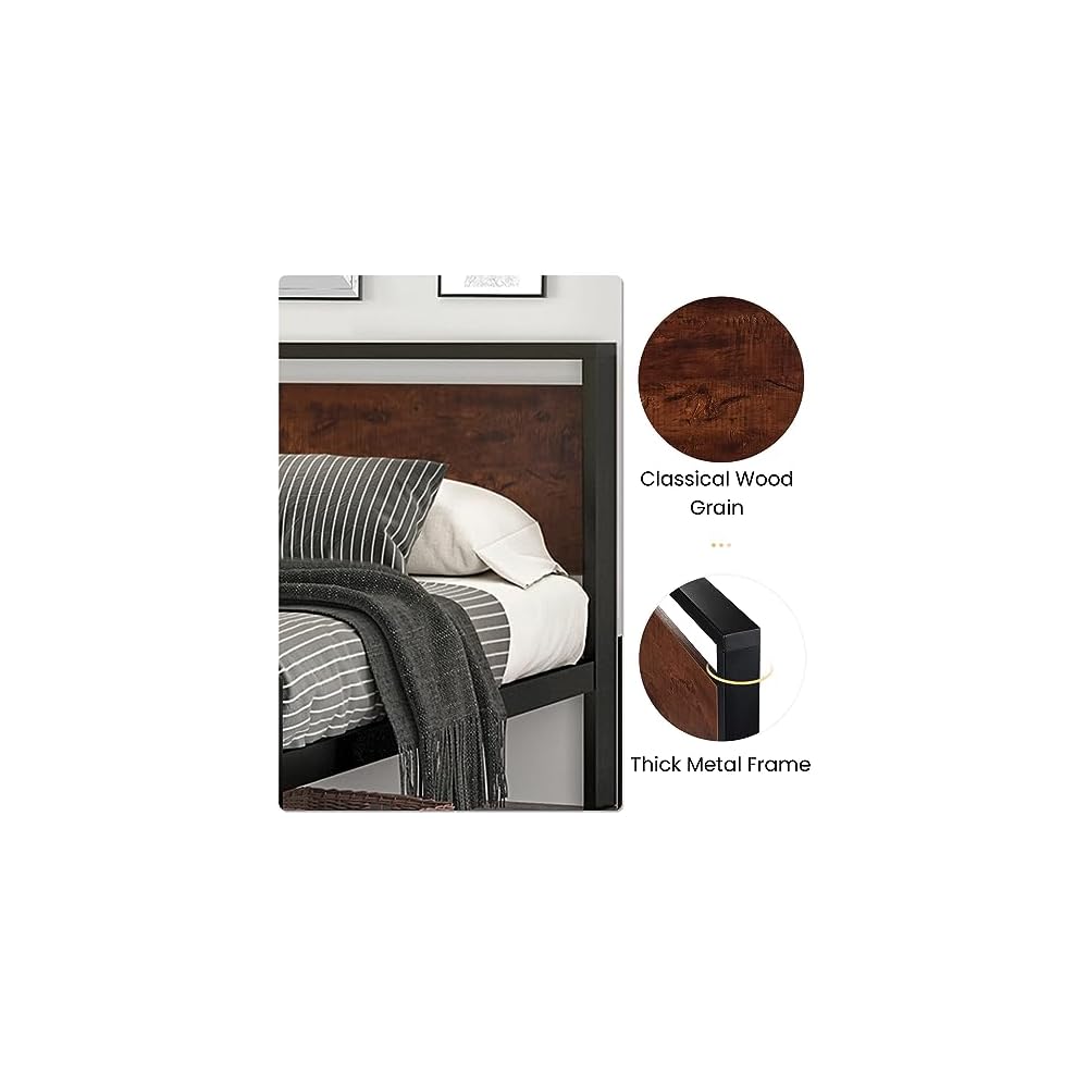 14 Inch Full Size Metal Platform Bed Frame with Wooden Headboard and Footboard, Mattress Foundation, No Box Spring Needed, Large Under Bed Storage, Non-Slip Without Noise, Walnut