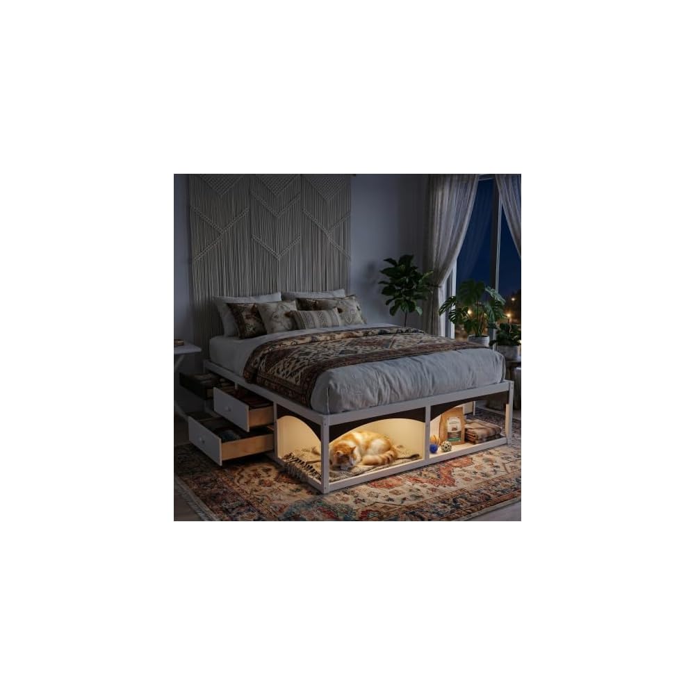 Pet-Friendly Platform Bed Frame, No Headboard Platform Bed, with Storage Drawers, Pet-Friendly Design, King Size, White