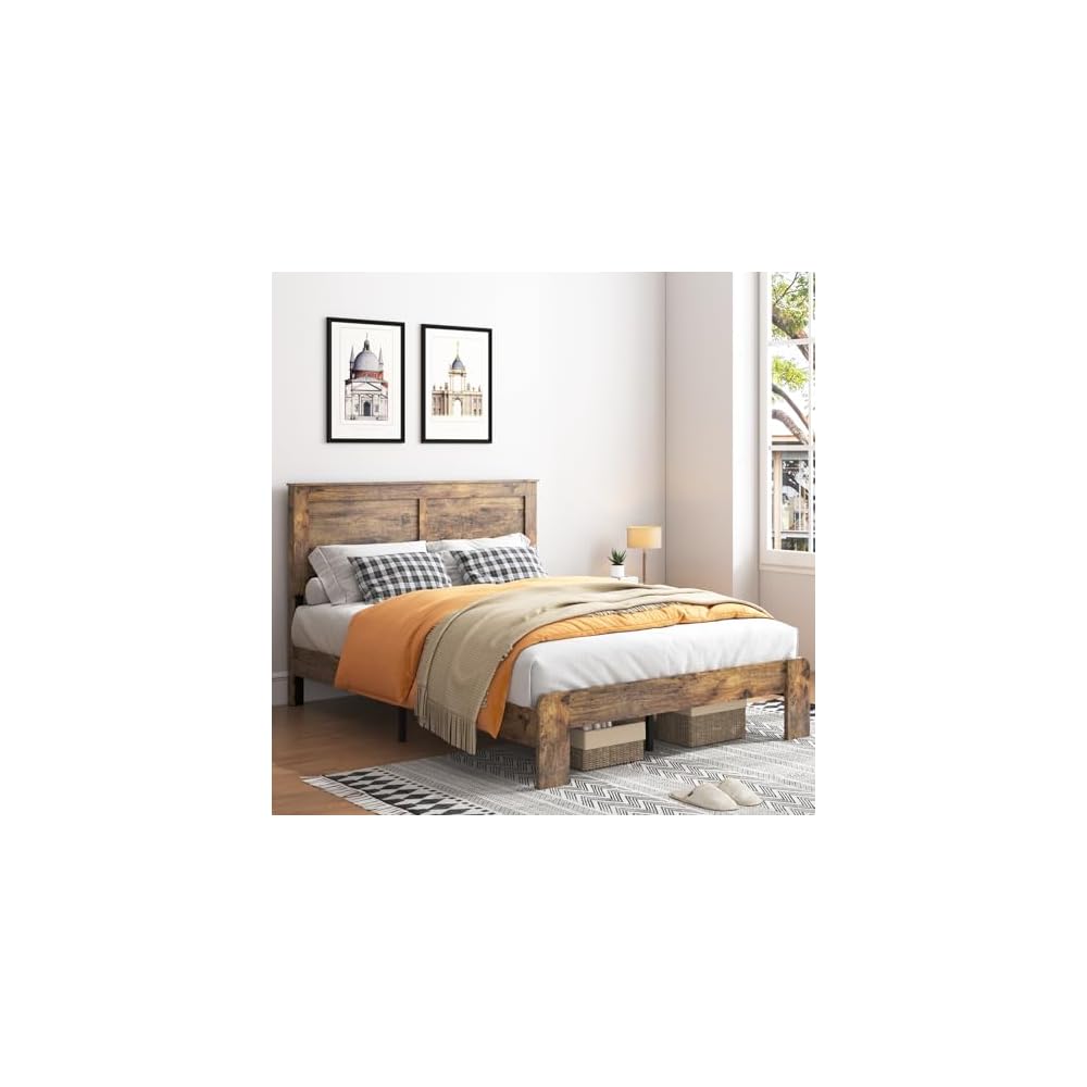 Wood Full Bed Frame with Headboard, Vintage Brown