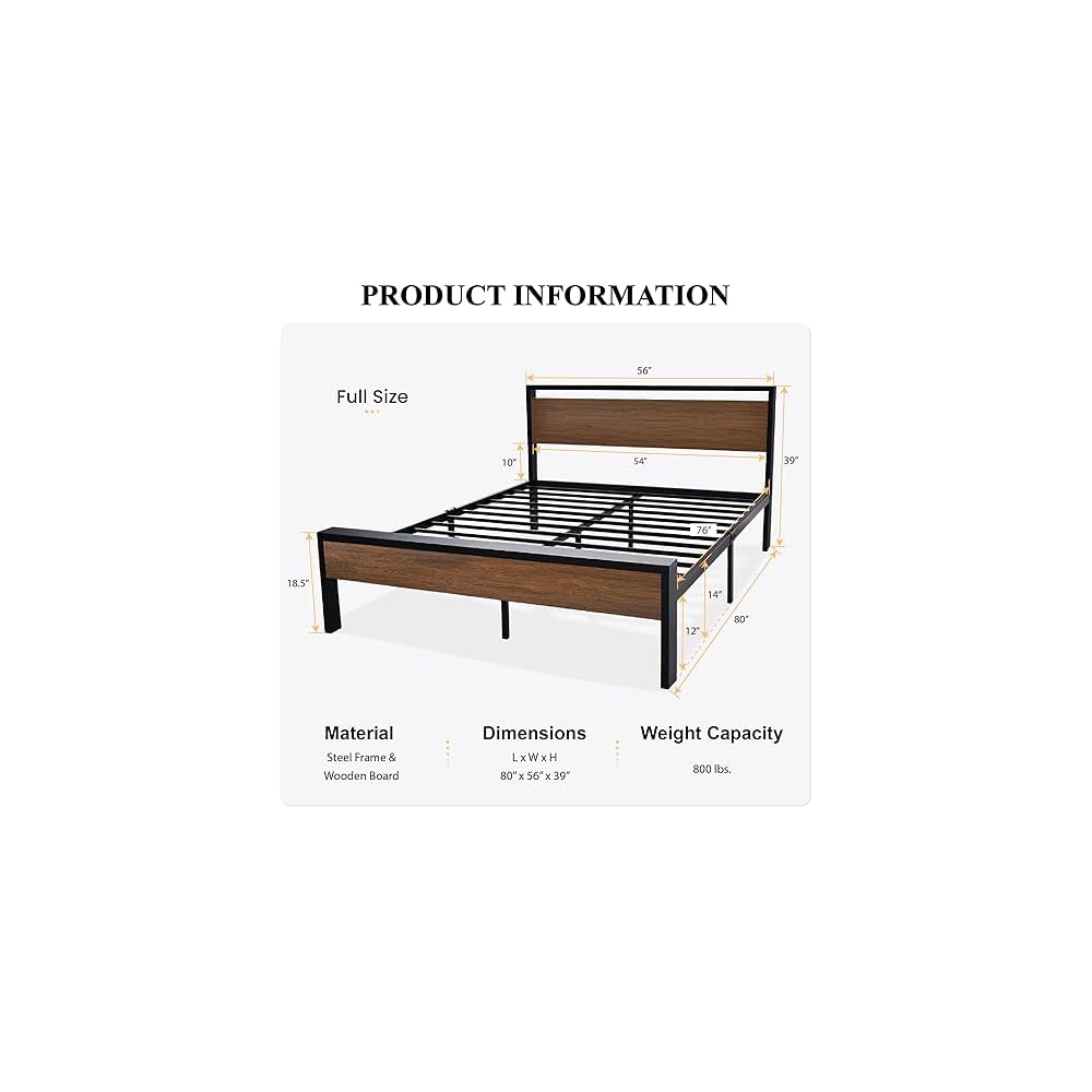 14 Inch Full Size Metal Platform Bed Frame with Wooden Headboard and Footboard, Mattress Foundation, No Box Spring Needed, Large Under Bed Storage, Non-Slip Without Noise, Walnut