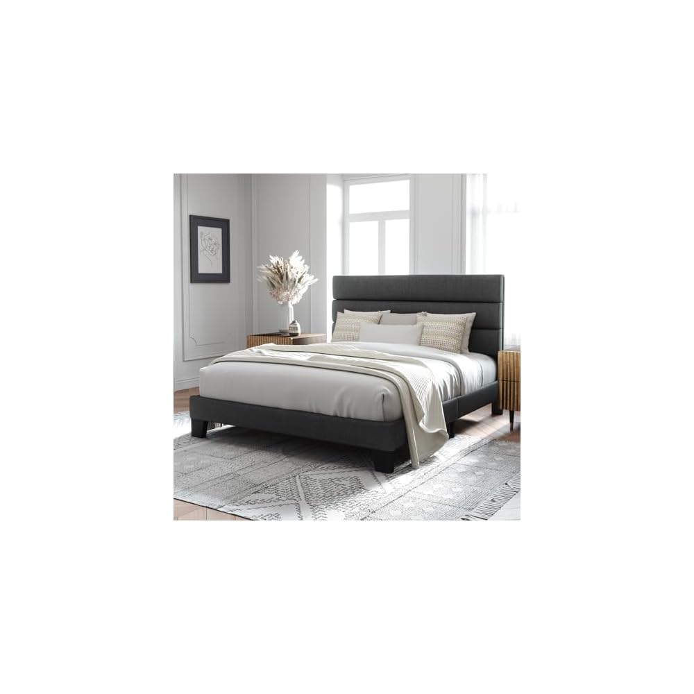 Queen Size Platform Bed Frame with Fabric Upholstered Headboard