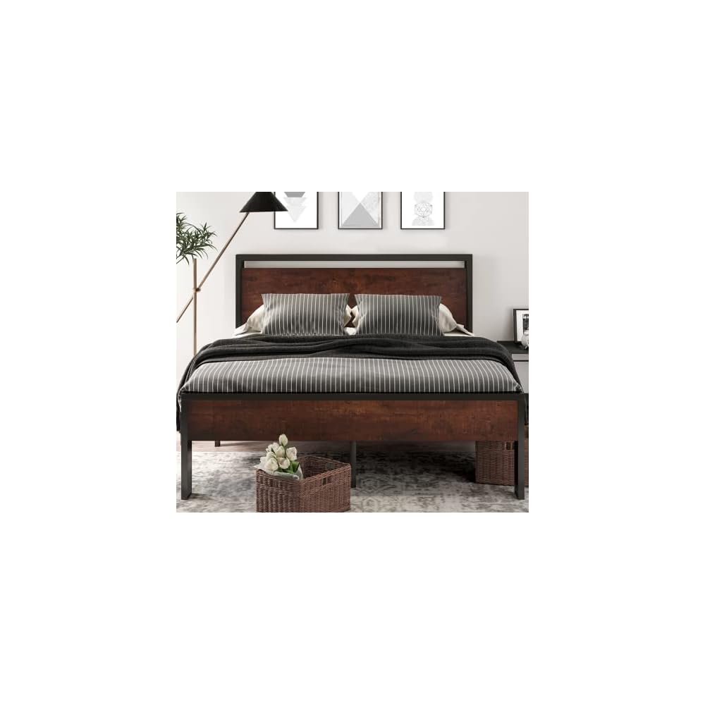 14 Inch Full Size Metal Platform Bed Frame with Wooden Headboard and Footboard, Mattress Foundation, No Box Spring Needed, Large Under Bed Storage, Non-Slip Without Noise, Walnut