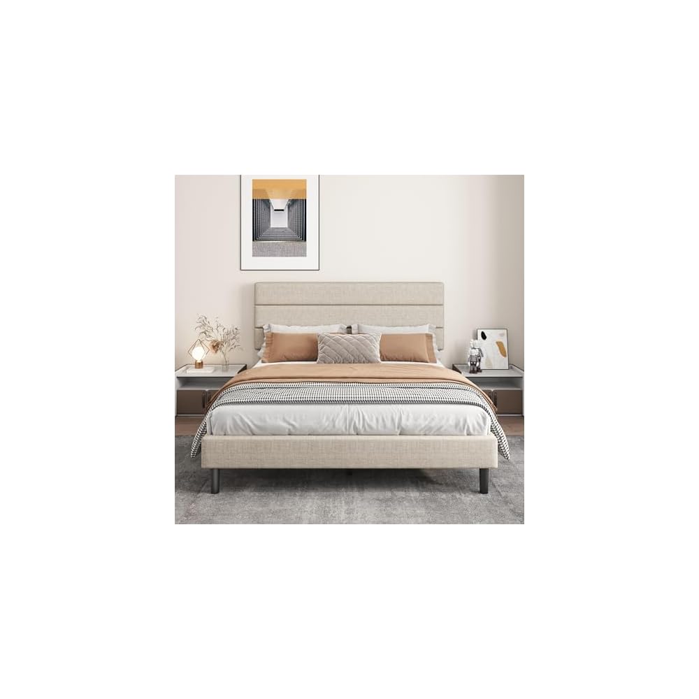 Full Platform Bed Frame with Adjustable Linen Fabric Upholstered Headboard, Strong Slats Support, Noise-Free, No Box Spring Required, Easy Assembly for Bedroom Guest Room, Beige