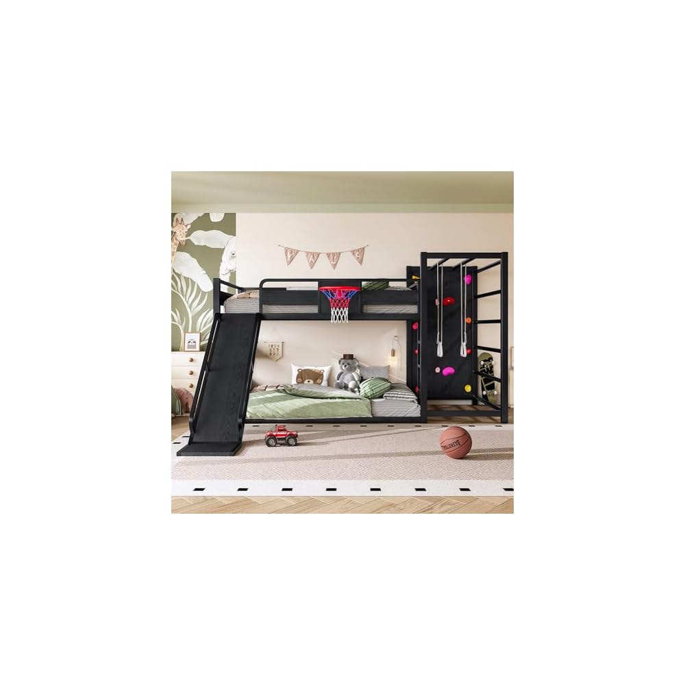 Full Size Bunk Bed with Basketball Hoop, Pull-up Rings, Climbing Wall,Black