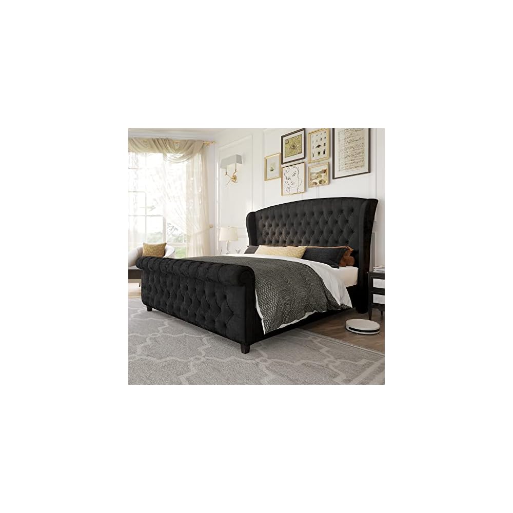 Queen Size Upholstered Sleigh Bed Frame with Wingback Headboard