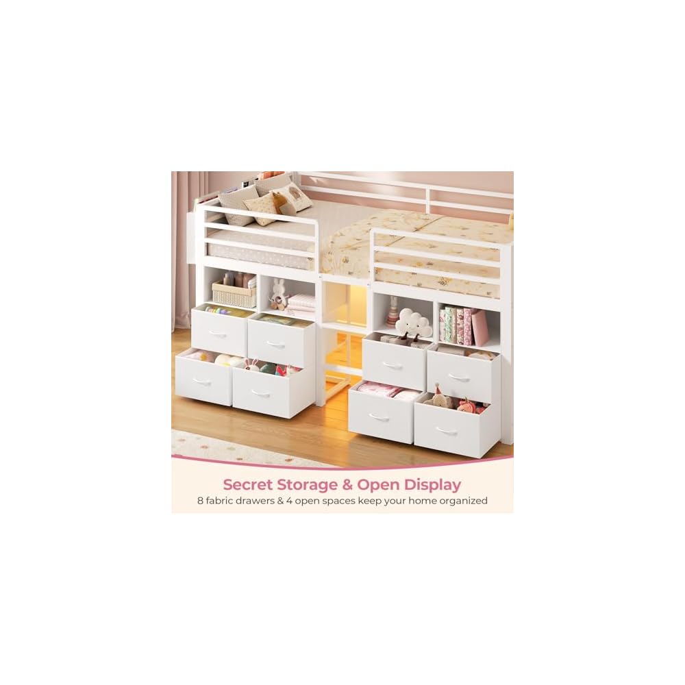 Low Loft Bed Twin Size with 8 Storage Drawers for Kids, White
