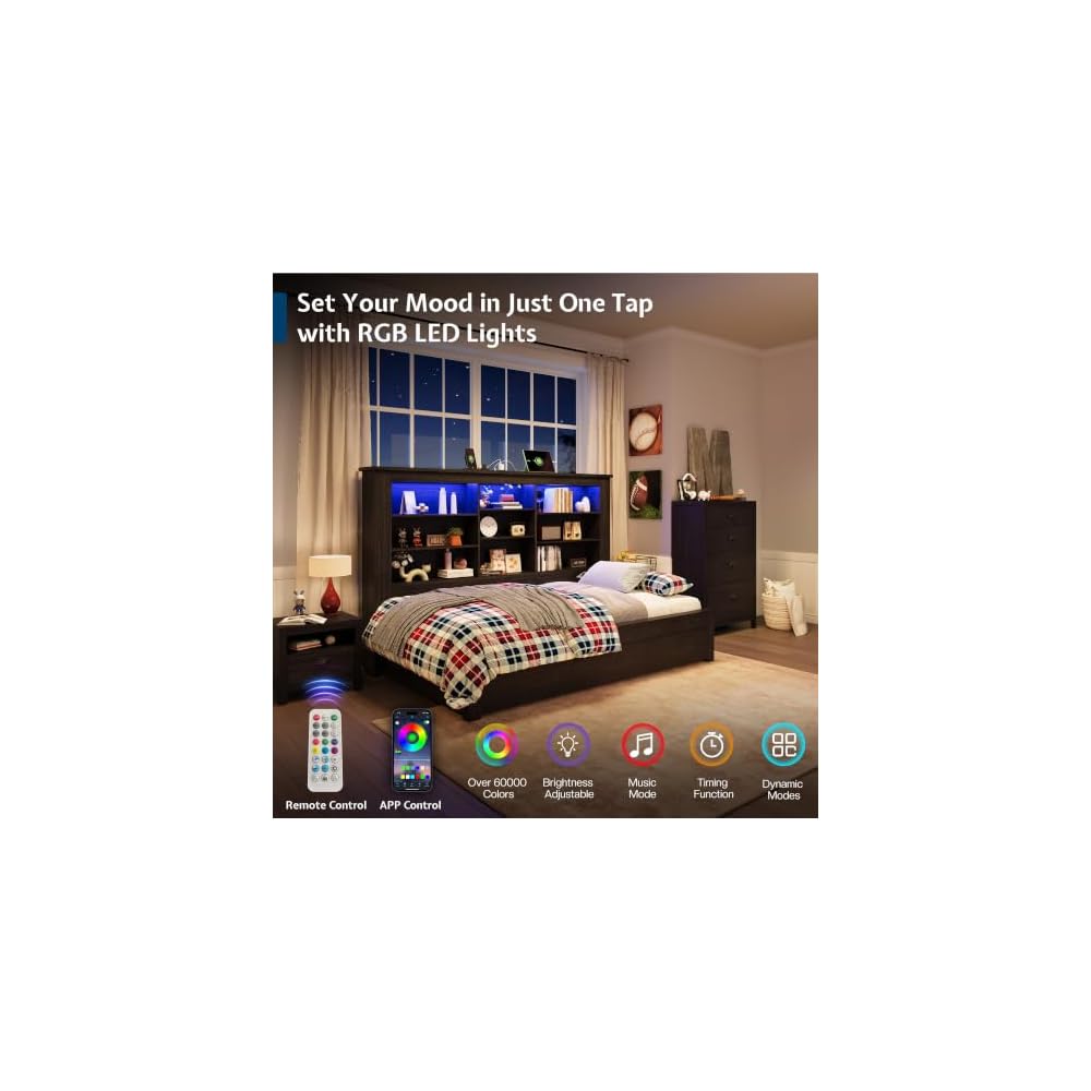 Twin Bed Frame Bookcase Headboard USB/LED Lights&3 Drawers, Black
