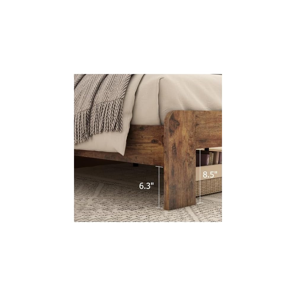 Wood Full Bed Frame with Headboard, Vintage Brown