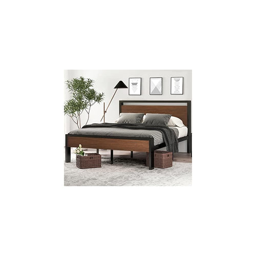 14 Inch Queen Size Metal Platform Bed Frame with Wooden Headboard and Footboard, Mattress Foundation, No Box Spring Needed, Large Under Bed Storage, Non-Slip Without Noise, Walnut