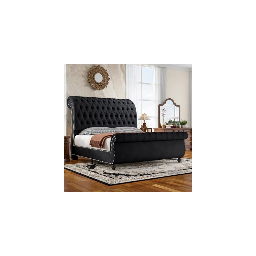 Queen Upholstered Bed Frame Sleigh Headboard & Footboard,Black