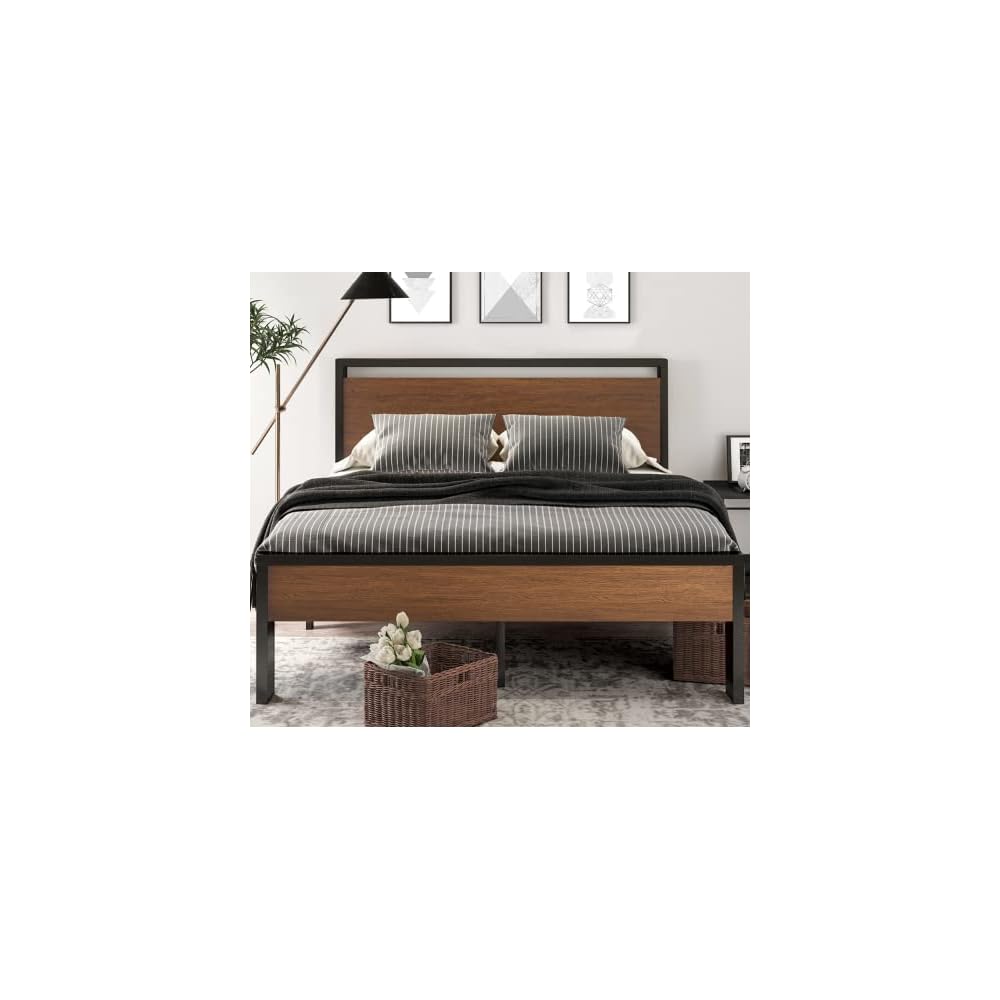 14 Inch Full Size Metal Platform Bed Frame with Wooden Headboard and Footboard, Mattress Foundation, No Box Spring Needed, Large Under Bed Storage, Non-Slip Without Noise, Walnut