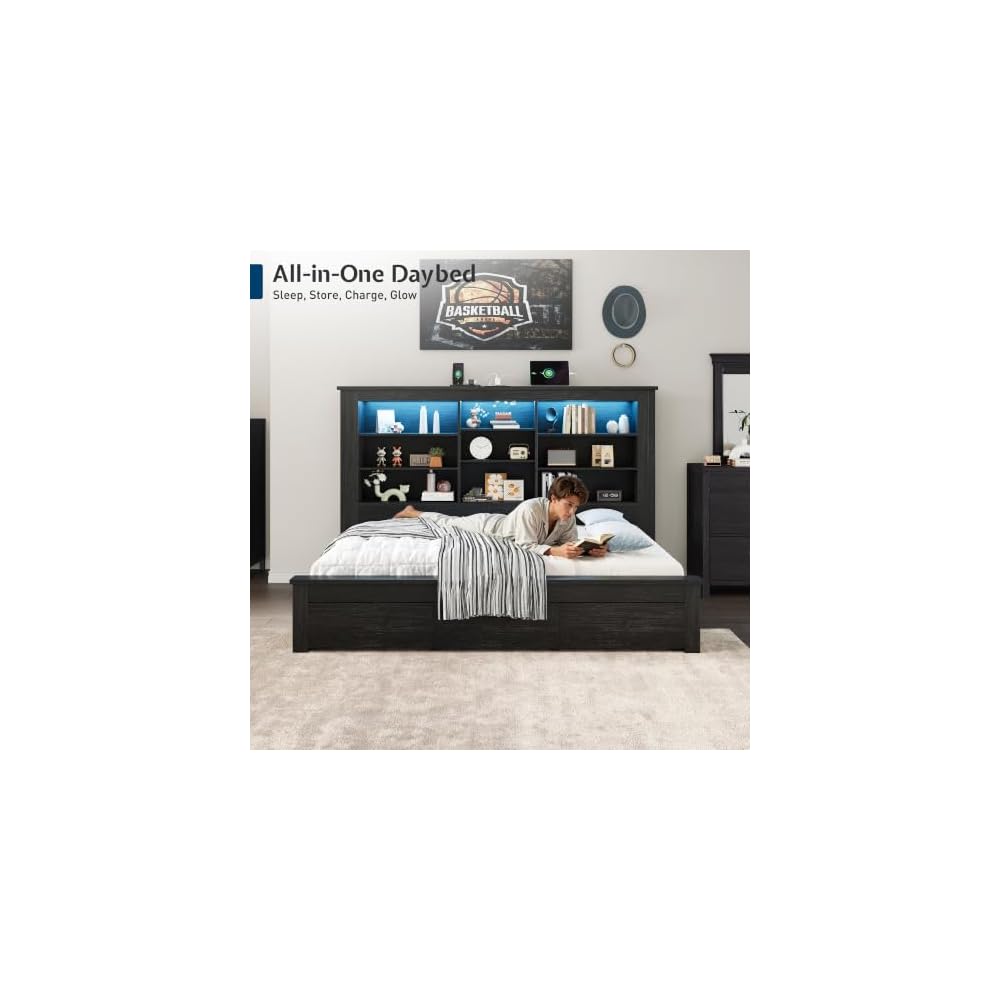 Twin Bed Frame Bookcase Headboard USB/LED Lights&3 Drawers, Black