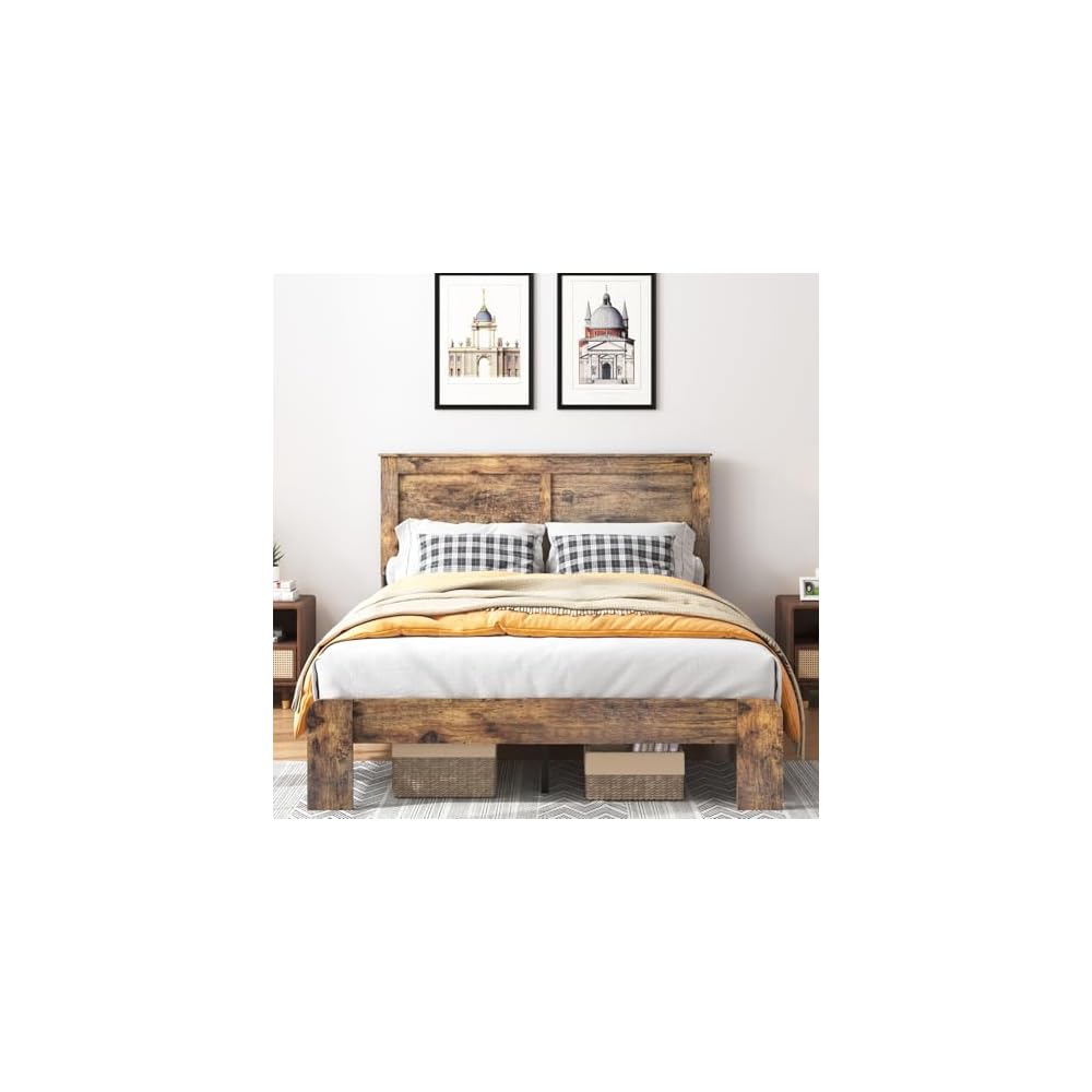 Wood Full Bed Frame with Headboard, Vintage Brown